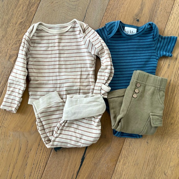 4 piece 0-3 month outfit bundle Old Navy Organic Cotton Ribbed Striped Blue Tan - Picture 1 of 16